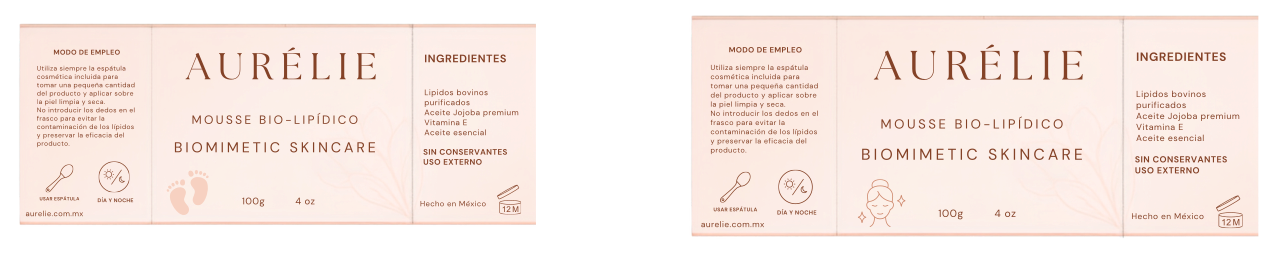 Dos propuestas de etiqueta de Aurélie Mousse Bio-Lipídico con instrucciones, ingredientes e iconografía